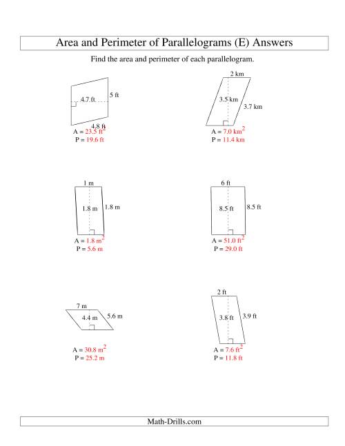 The Area and Perimeter of Parallelograms (whole number base; range 1-9) (E) Math Worksheet Page 2