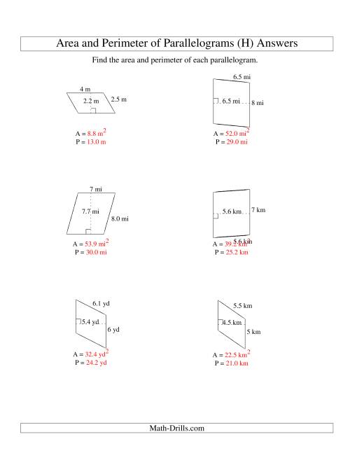 The Area and Perimeter of Parallelograms (whole number base; range 1-9) (H) Math Worksheet Page 2