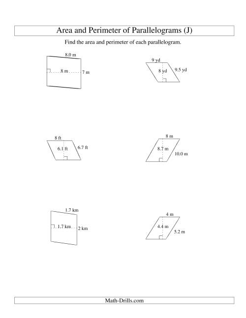 The Area and Perimeter of Parallelograms (whole number base; range 1-9) (J) Math Worksheet