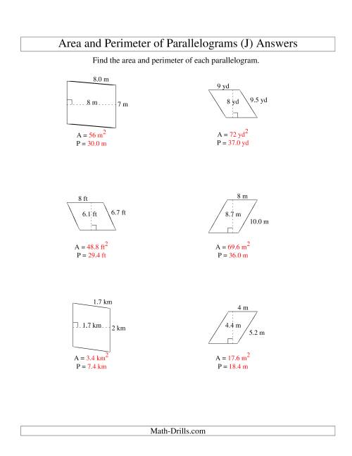 The Area and Perimeter of Parallelograms (whole number base; range 1-9) (J) Math Worksheet Page 2