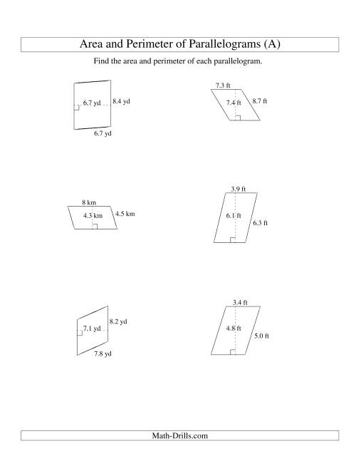 The Area and Perimeter of Parallelograms (up to 1 decimal place; range 1-9) (A) Math Worksheet