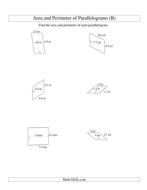 The Area and Perimeter of Parallelograms (up to 1 decimal place; range 1-9) (B) Math Worksheet