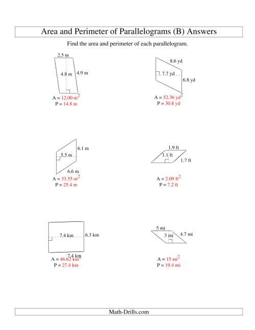 The Area and Perimeter of Parallelograms (up to 1 decimal place; range 1-9) (B) Math Worksheet Page 2