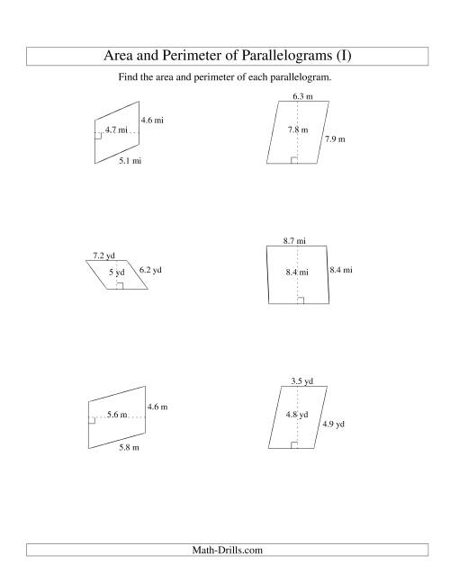The Area and Perimeter of Parallelograms (up to 1 decimal place; range 1-9) (I) Math Worksheet