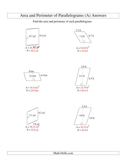 The Area and Perimeter of Parallelograms (up to 1 decimal place; range 1-9) (All) Math Worksheet Page 2