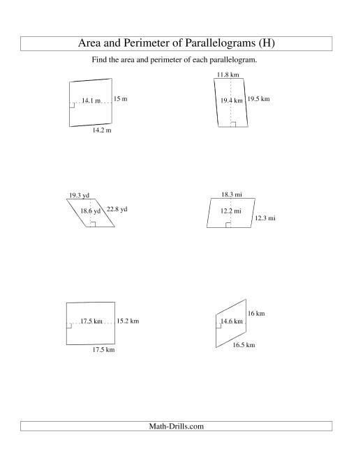 The Area and Perimeter of Parallelograms (up to 1 decimal place; range 5-20) (H) Math Worksheet