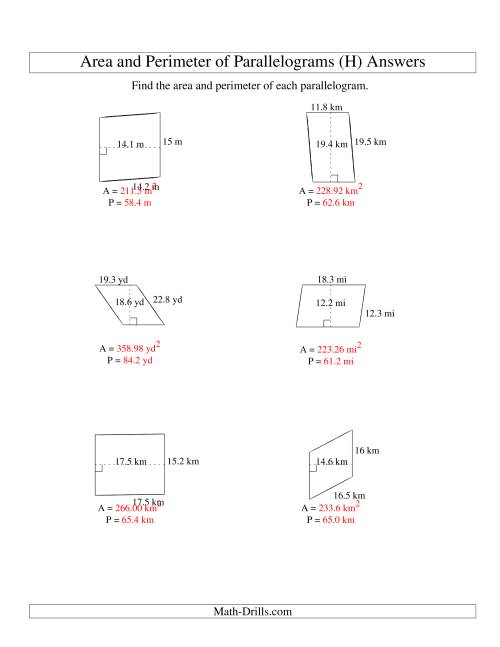 The Area and Perimeter of Parallelograms (up to 1 decimal place; range 5-20) (H) Math Worksheet Page 2