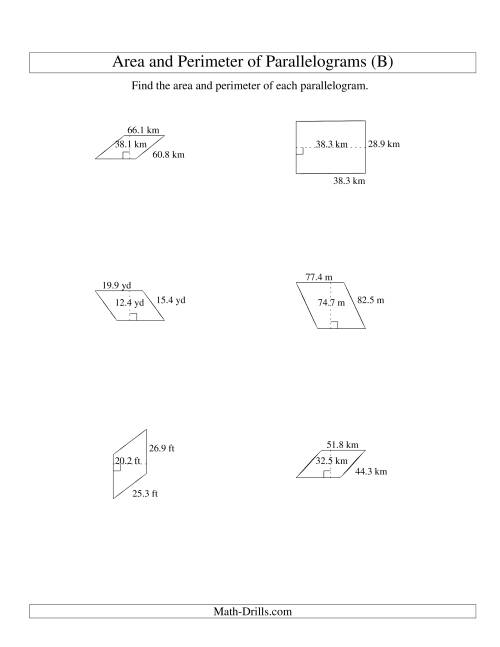 The Area and Perimeter of Parallelograms (up to 1 decimal place; range 10-99) (B) Math Worksheet
