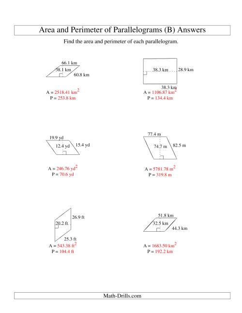 The Area and Perimeter of Parallelograms (up to 1 decimal place; range 10-99) (B) Math Worksheet Page 2