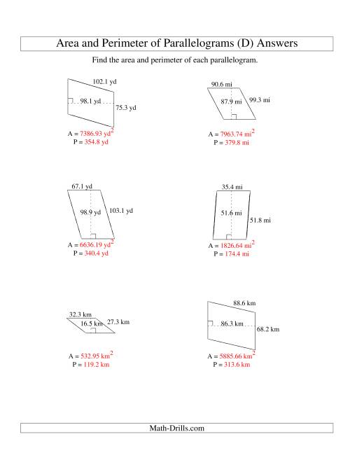 The Area and Perimeter of Parallelograms (up to 1 decimal place; range 10-99) (D) Math Worksheet Page 2