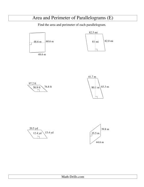 The Area and Perimeter of Parallelograms (up to 1 decimal place; range 10-99) (E) Math Worksheet