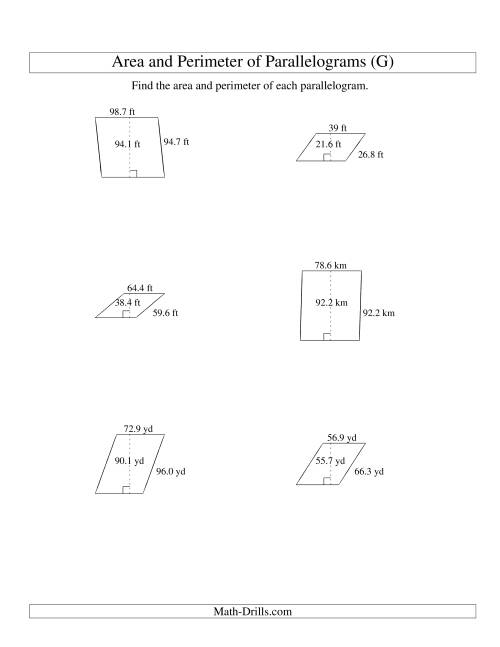 The Area and Perimeter of Parallelograms (up to 1 decimal place; range 10-99) (G) Math Worksheet