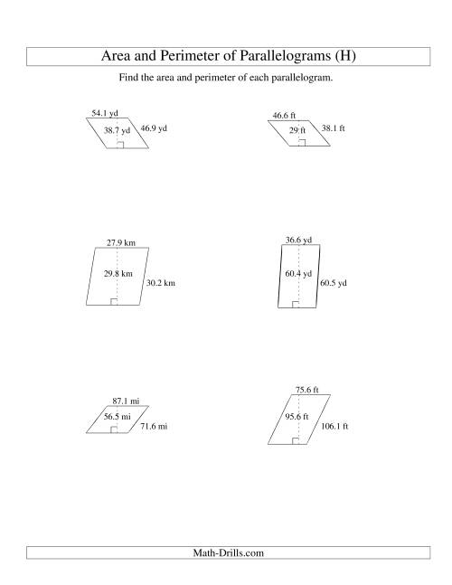 The Area and Perimeter of Parallelograms (up to 1 decimal place; range 10-99) (H) Math Worksheet