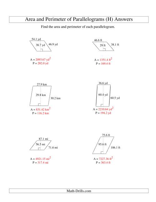 The Area and Perimeter of Parallelograms (up to 1 decimal place; range 10-99) (H) Math Worksheet Page 2