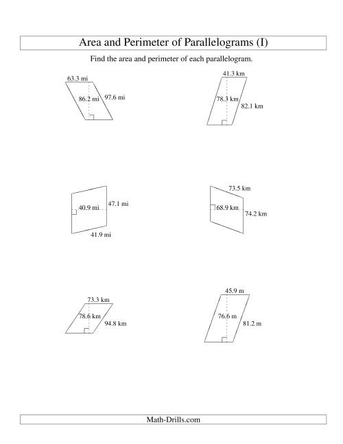The Area and Perimeter of Parallelograms (up to 1 decimal place; range 10-99) (I) Math Worksheet