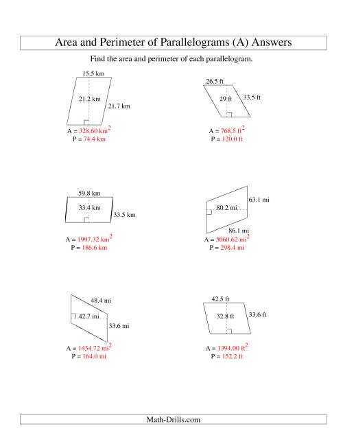The Area and Perimeter of Parallelograms (up to 1 decimal place; range 10-99) (All) Math Worksheet Page 2