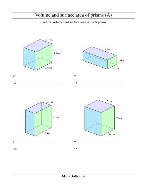 The Volume and Surface Area of Rectangular Prisms with Decimal Numbers (A) Math Worksheet