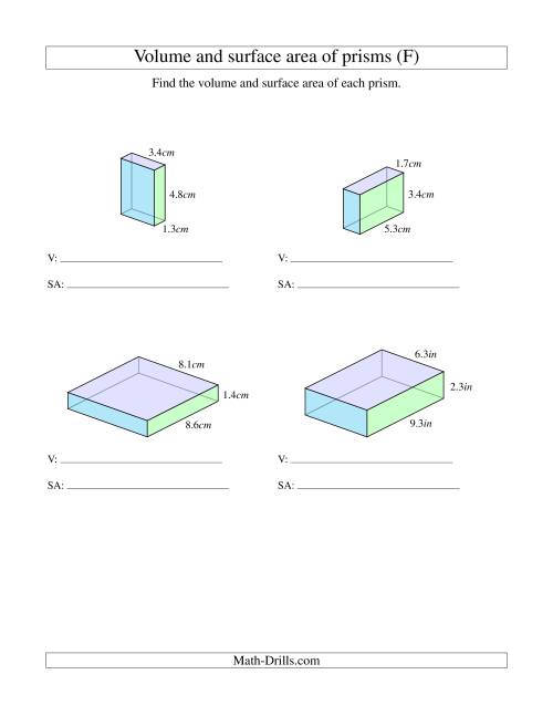 The Volume and Surface Area of Rectangular Prisms with Decimal Numbers (F) Math Worksheet