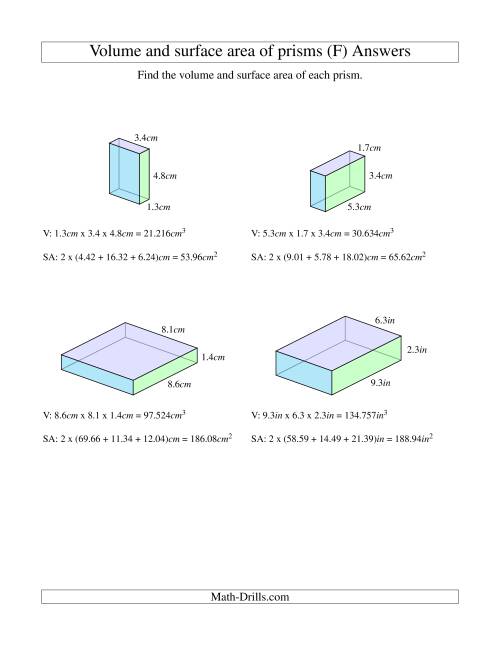 The Volume and Surface Area of Rectangular Prisms with Decimal Numbers (F) Math Worksheet Page 2