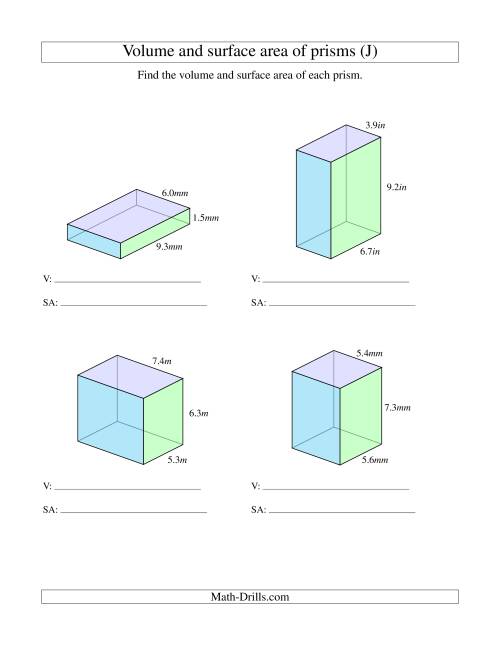The Volume and Surface Area of Rectangular Prisms with Decimal Numbers (J) Math Worksheet