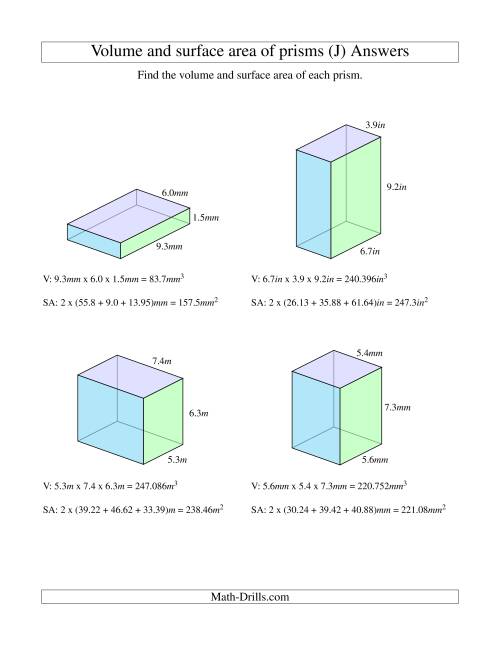 The Volume and Surface Area of Rectangular Prisms with Decimal Numbers (J) Math Worksheet Page 2