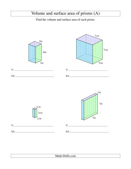 The Volume and Surface Area of Rectangular Prisms with Whole Numbers (A) Math Worksheet