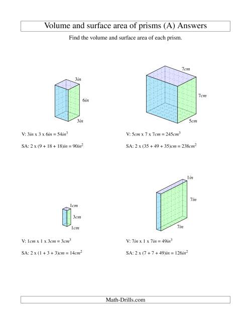 The Volume and Surface Area of Rectangular Prisms with Whole Numbers (A) Math Worksheet Page 2