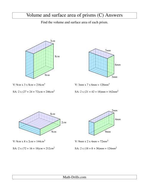 volume and surface area of prism worksheets
