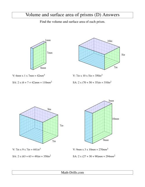 The Volume and Surface Area of Rectangular Prisms with Whole Numbers (D) Math Worksheet Page 2