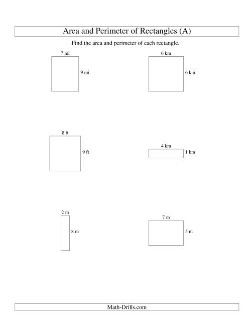 The Area and Perimeter of Rectangles (whole numbers; range 1-9) (A) Math Worksheet