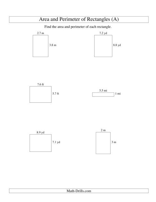 The Area and Perimeter of Rectangles (up to 1 decimal place; range 1-9) (A) Math Worksheet