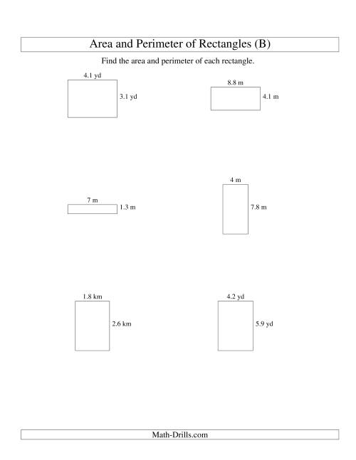 The Area and Perimeter of Rectangles (up to 1 decimal place; range 1-9) (B) Math Worksheet