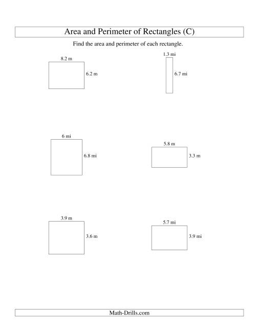 The Area and Perimeter of Rectangles (up to 1 decimal place; range 1-9) (C) Math Worksheet