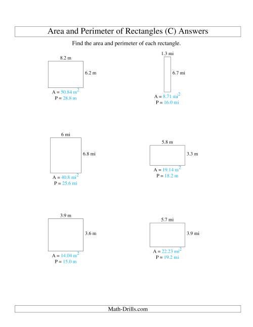The Area and Perimeter of Rectangles (up to 1 decimal place; range 1-9) (C) Math Worksheet Page 2
