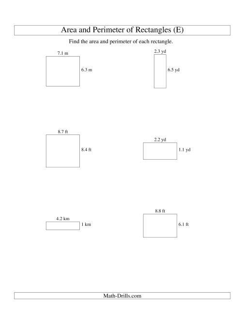 The Area and Perimeter of Rectangles (up to 1 decimal place; range 1-9) (E) Math Worksheet