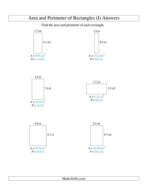 The Area and Perimeter of Rectangles (up to 1 decimal place; range 1-9) (I) Math Worksheet Page 2