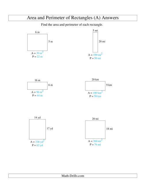 The Area and Perimeter of Rectangles (whole numbers; range 5-20) (A) Math Worksheet Page 2