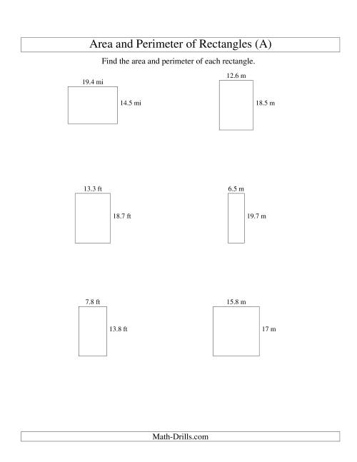 The Area and Perimeter of Rectangles (up to 1 decimal place; range 5-20) (A) Math Worksheet