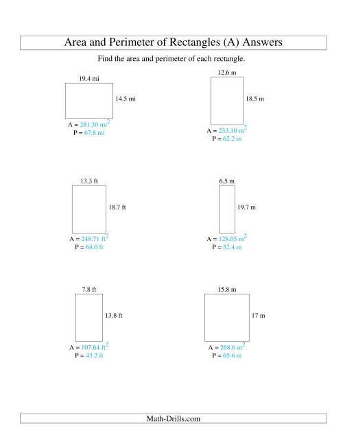 The Area and Perimeter of Rectangles (up to 1 decimal place; range 5-20) (A) Math Worksheet Page 2