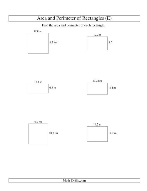 The Area and Perimeter of Rectangles (up to 1 decimal place; range 5-20) (E) Math Worksheet