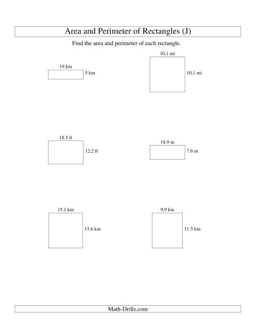 The Area and Perimeter of Rectangles (up to 1 decimal place; range 5-20) (J) Math Worksheet