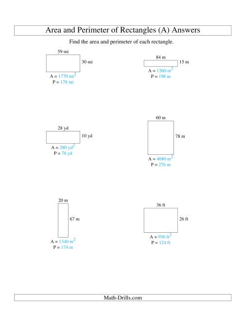 The Area and Perimeter of Rectangles (whole numbers; range 10-99) (A) Math Worksheet Page 2