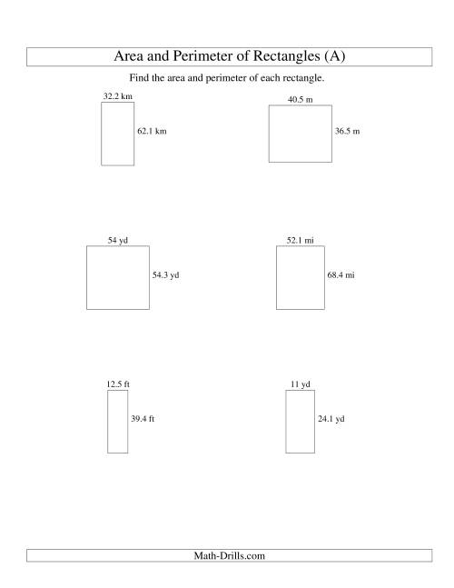 The Area and Perimeter of Rectangles (up to 1 decimal place; range 10-99) (A) Math Worksheet