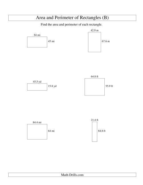 The Area and Perimeter of Rectangles (up to 1 decimal place; range 10-99) (B) Math Worksheet