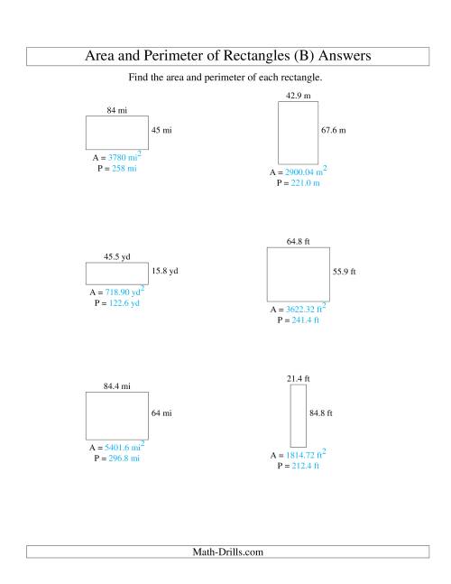 The Area and Perimeter of Rectangles (up to 1 decimal place; range 10-99) (B) Math Worksheet Page 2