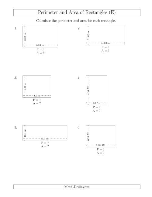 The Calculating the Perimeter and Area of Rectangles from Side Measurements (Decimal Numbers) (E) Math Worksheet