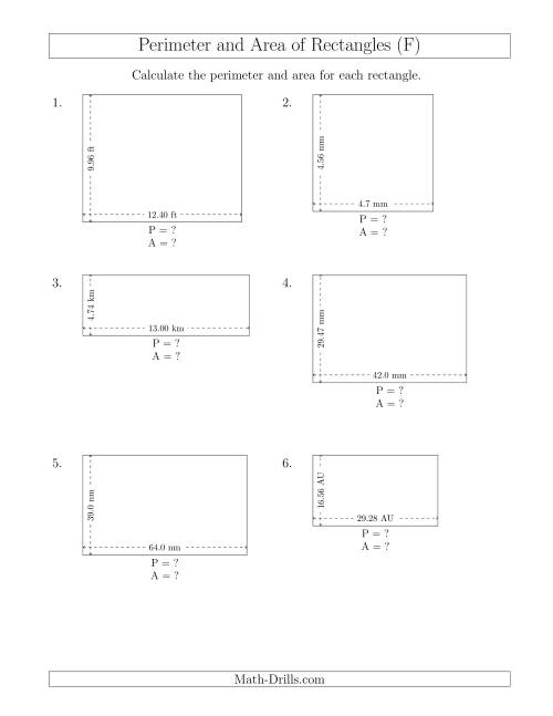 The Calculating the Perimeter and Area of Rectangles from Side Measurements (Decimal Numbers) (F) Math Worksheet