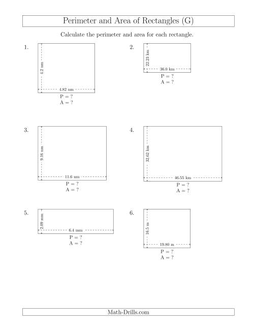 The Calculating the Perimeter and Area of Rectangles from Side Measurements (Decimal Numbers) (G) Math Worksheet