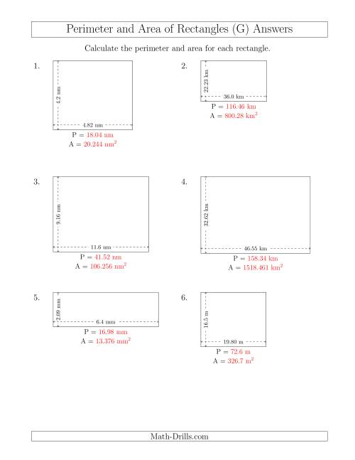 The Calculating the Perimeter and Area of Rectangles from Side Measurements (Decimal Numbers) (G) Math Worksheet Page 2