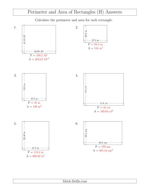 The Calculating the Perimeter and Area of Rectangles from Side Measurements (Decimal Numbers) (H) Math Worksheet Page 2